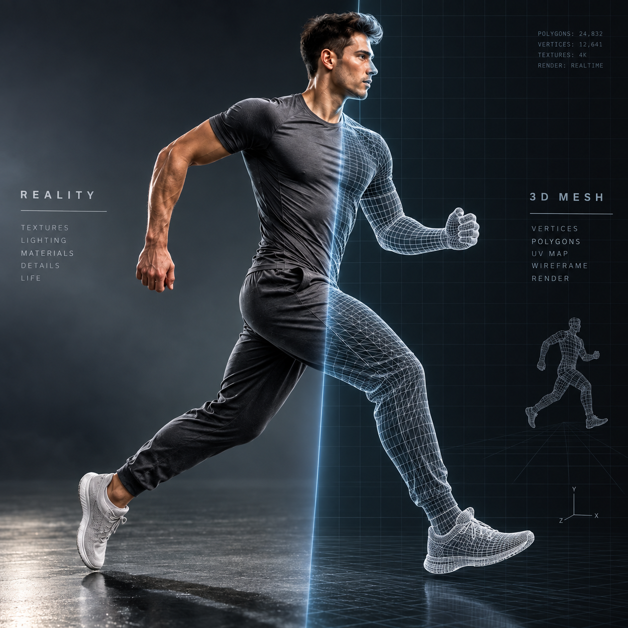 A running character transitioning from a realistic render to a 3D wireframe